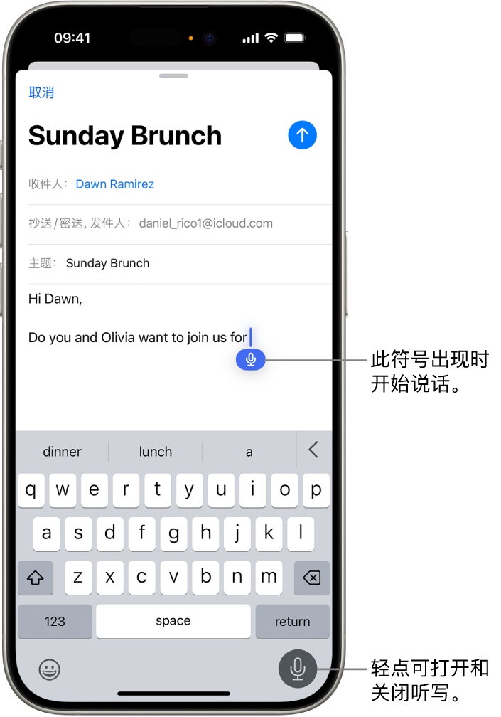 “邮件” App 中打开的屏幕键盘。屏幕右下角的“听写”按钮已选中,“听写”按钮显示在文本栏中插入点的下方。