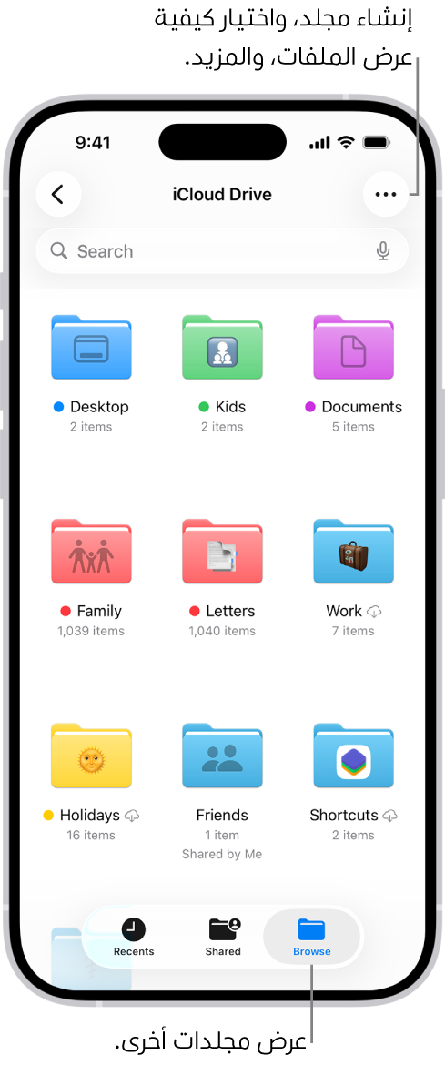 تطبيق الملفات تظهر به ملفات ومجلدات في iCloud Drive. قائمة المزيد تظهر بها خيارات لتحديد عناصر وإنشاء مجلد جديد ومسح المستندات ضوئيًا والاتصال بالخادم. يظهر أسفلها خيارات لعرض العناصر على الشاشة على شكل أيقونات أو قائمة. فس الأسفل تظهر خيارات الفرز حسب الاسم والنوع والتاريخ والحجم والوسوم يليها خيارات العرض.