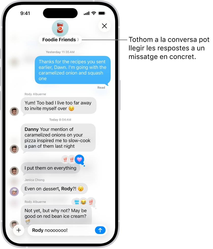 Redactant una resposta entre línies en una conversa de grup a l’app Missatges. Es menciona una altra persona a la conversa i el seu nom es mostra en negreta.