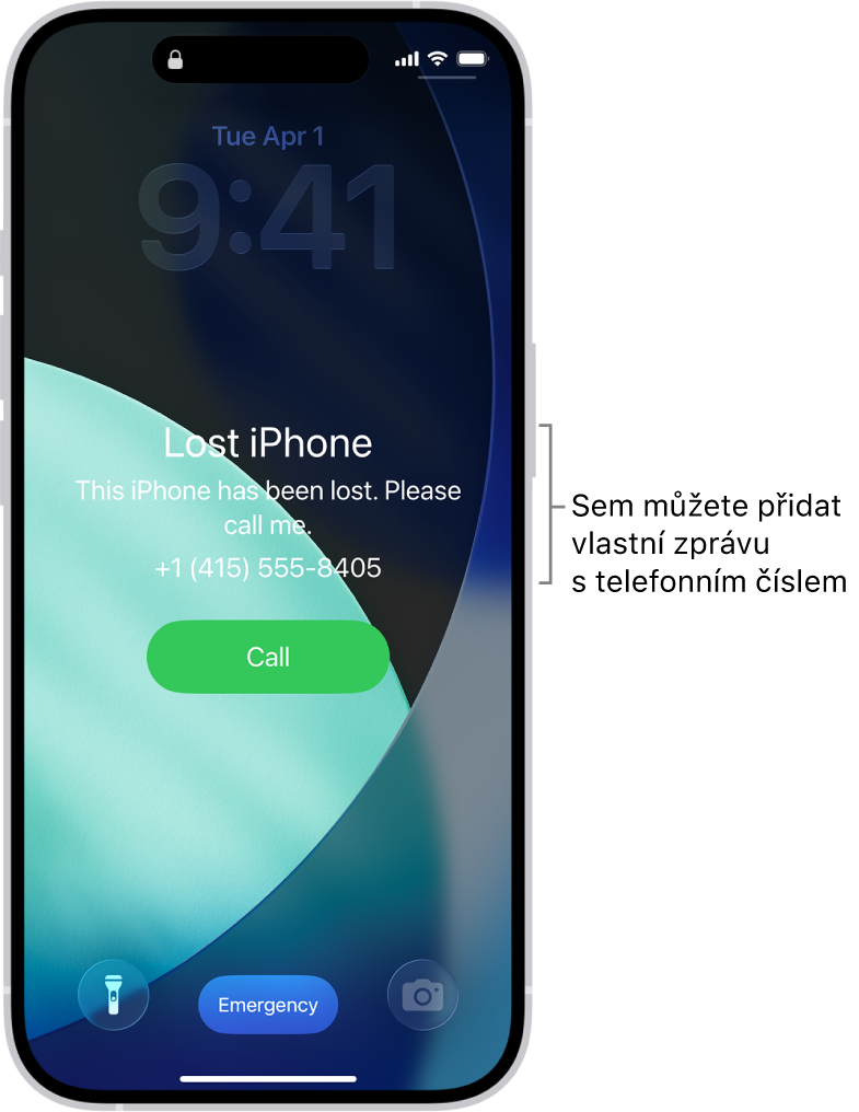 Uzamčená obrazovka iPhonu se zprávou o jeho ztrátě. Podle potřeby si můžete nastavit vlastní zprávu s telefonním číslem.