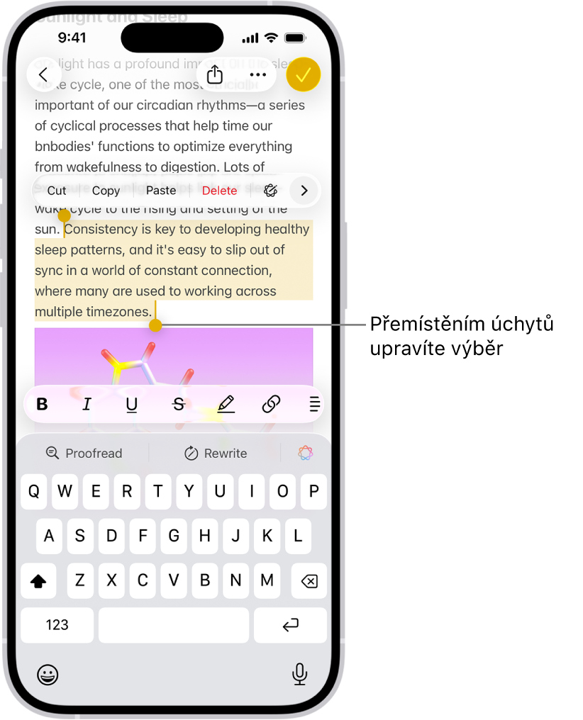 V poznámce v aplikaci Poznámky je vybrán text. Nad ním se nacházejí tlačítka Vyjmout, Kopírovat, Vložit a Automatické vyplnění. Vybraný text je zvýrazněný a na obou koncích se zobrazují úchyty pro úpravu výběru.