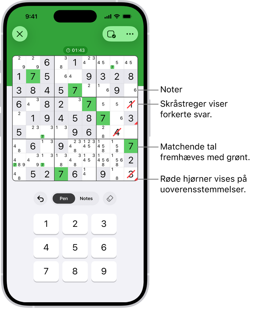En sudokuopgave med flere funktioner slået til: Notes, Highlight Matching Numbers, Show Conflicts og Autocheck.