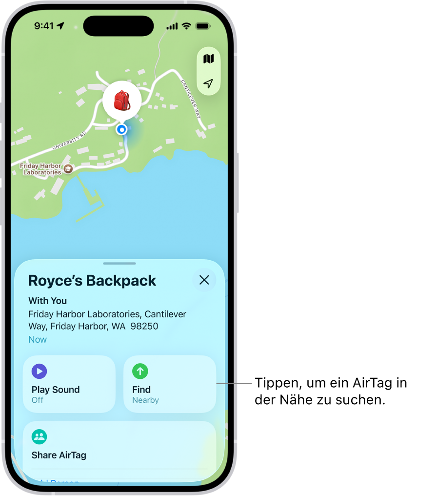 Die geöffnete App „Wo ist?“, die zeigt, dass sich die Schlüssel von Danny im Golden Gate Park befinden. Tippe auf die Taste „Suchen“, um ein AirTag in der Nähe zu finden.