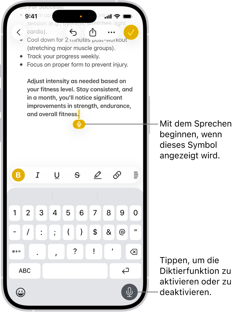 Die Online-Bildschirmtastatur ist in der App „Mail“ geöffnet. Die Taste „Diktat“ unten rechts auf dem Bildschirm wird ausgewählt und die Taste „Diktat“ erscheint unter der Einfügemarke im Eingabefeld.