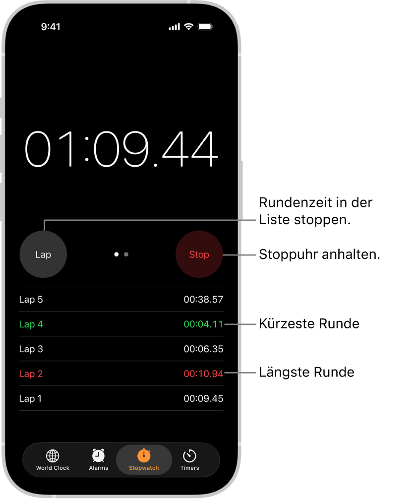 Eine Stoppuhr in der App „Uhr“ zeigt die insgesamt verstrichene Zeit für ein Ereignis an und darunter sind mehrere Runden innerhalb dieses Ereignisses aufgelistet.
