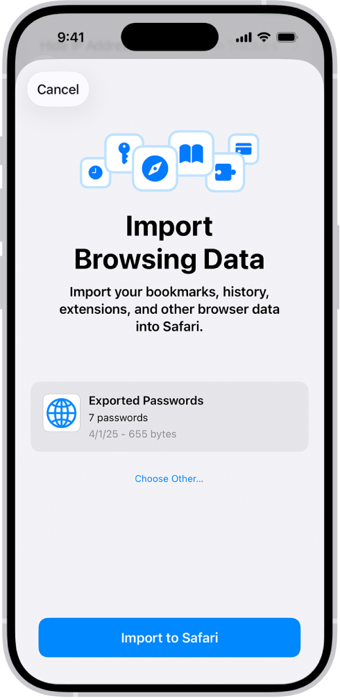 Der Bildschirm „Browsingdaten importieren“ mit der CSV-Datei mit Passwörtern von einem anderen Passwortmanager, die importiert werden soll.