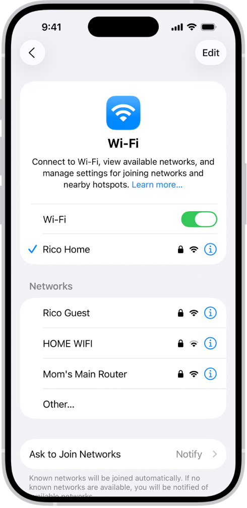 Der Bildschirm mit den WLAN-Optionen in „Einstellungen“. WLAN ist aktiviert und ein neues Netzwerk ist ausgewählt.