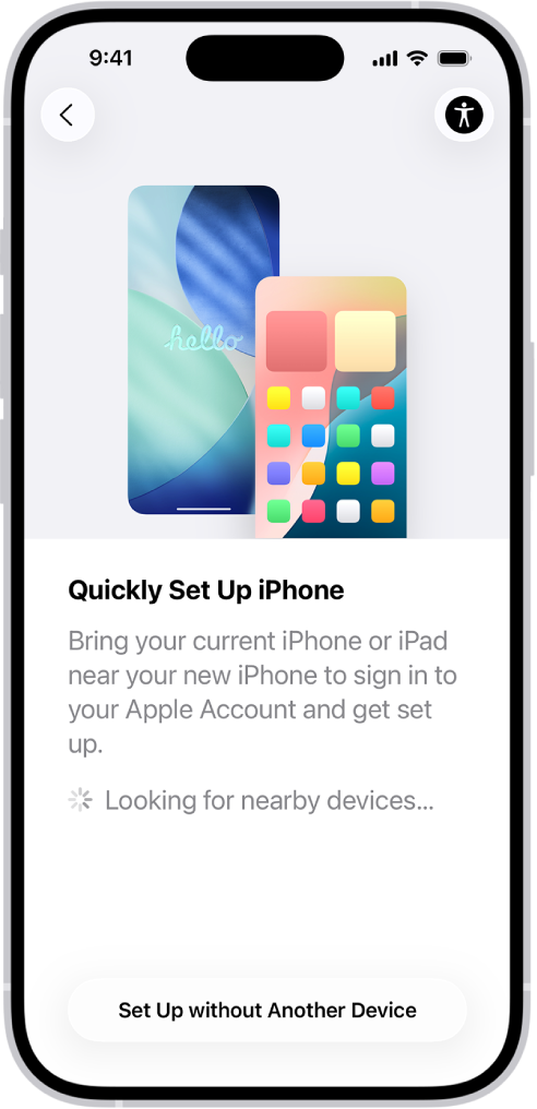 The Quick Start screen, with options to set up your iPhone by bringing it close to another iPhone or iPad, or setting it up without another device.