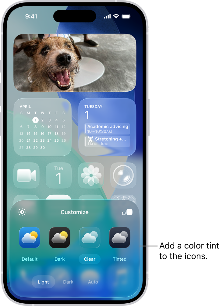 A customized Home Screen clear icons tinted blue and arranged to frame the photo, and controls at the bottom of the screen for customizing icons. Options include Automatic, Dark, Light, and Tinted buttons, options for choosing color and saturation, and Small and Large buttons for setting the icons’ size.
