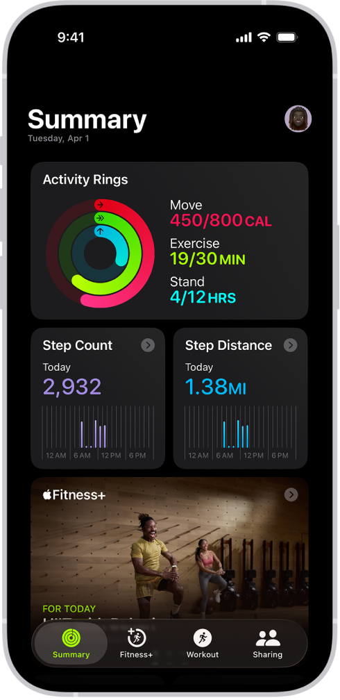The Summary screen in Fitness, showing the Activity Rings, Step Count, Step Distance, and Apple Fitness+ areas.