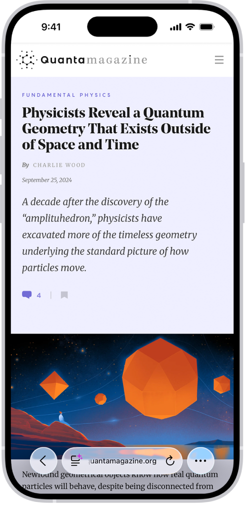 The Safari app showing a highlight summary for a physics article.