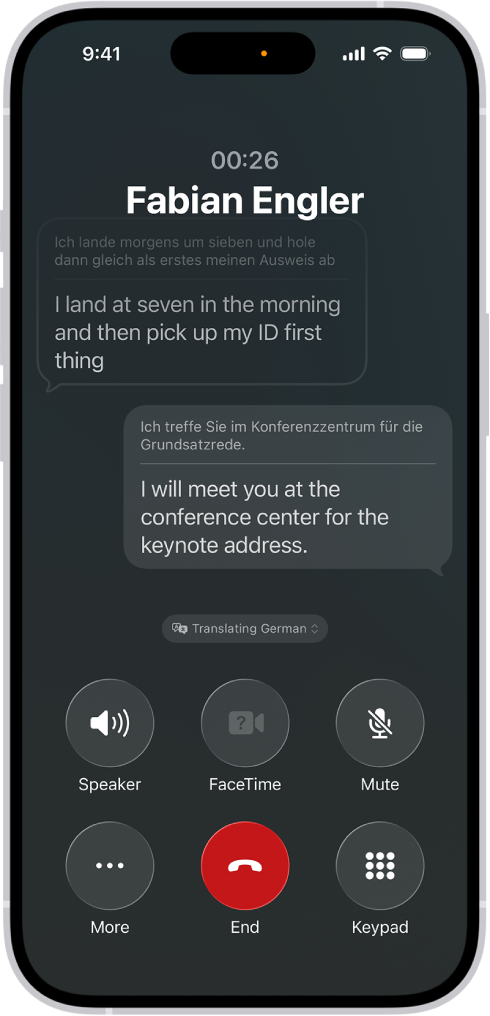 A phone call in the Phone app showing a conversation translated from German to English.