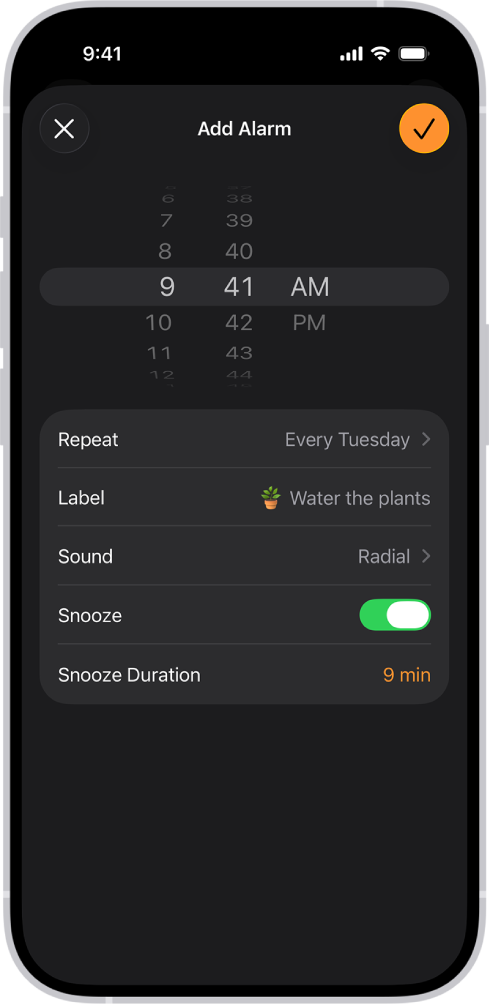 A screen for changing an alarm, with settings to change the time of the alarm, choose whether the alarm repeats, add an alarm label, select an alarm sound, turn on snooze, and change the snooze duration.