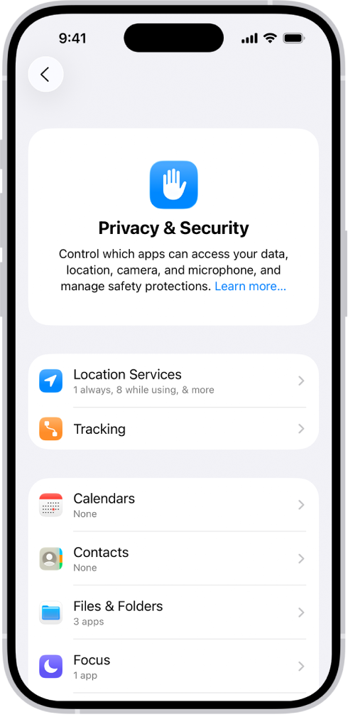 The Privacy & Security screen in Settings.