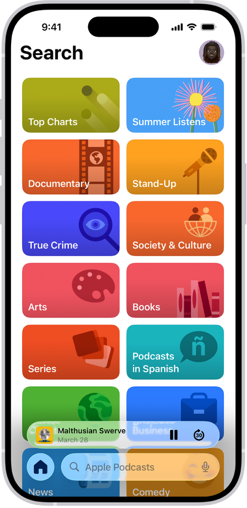 The Search screen in the Podcasts app, showing podcast categories. Toward the bottom of the screen is the MiniPlayer. Below that are the Home button and the search field.