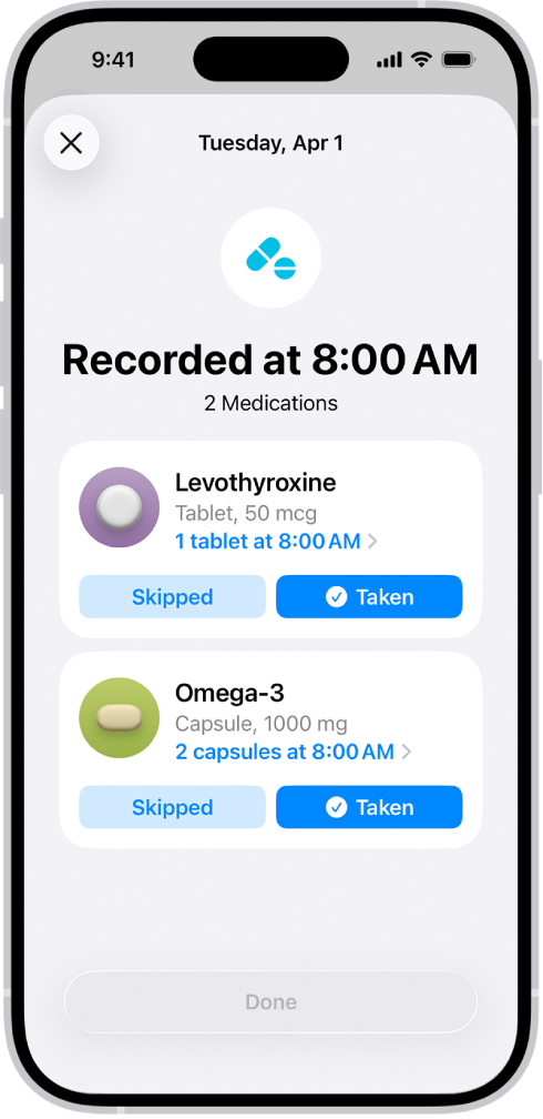 The Medications screen in Health showing a log of medications.