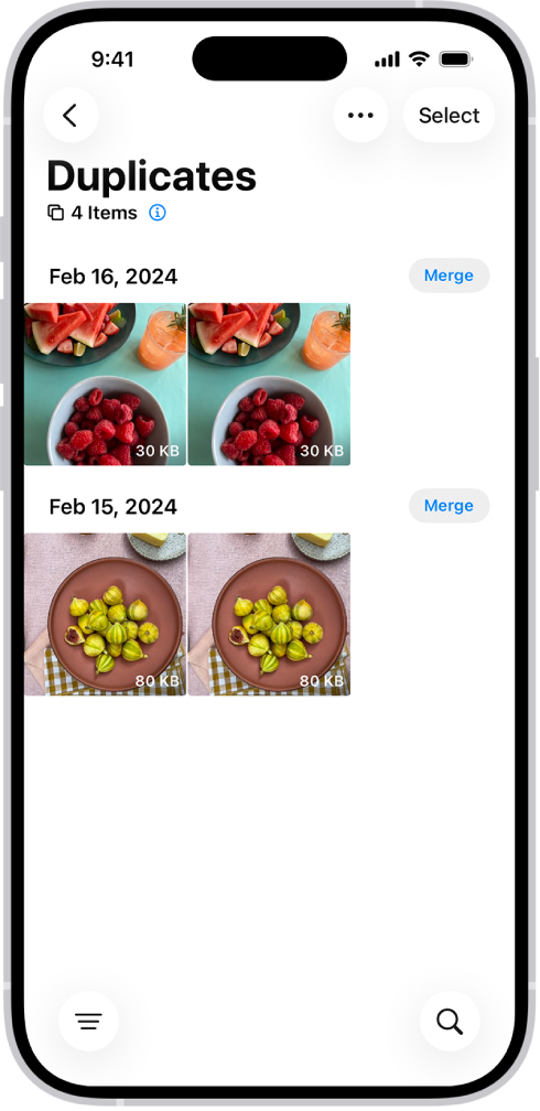 The Duplicates screen, showing duplicate photos next to each other. On the right side of the screen are Merge buttons to merge each pair of duplicate photos.