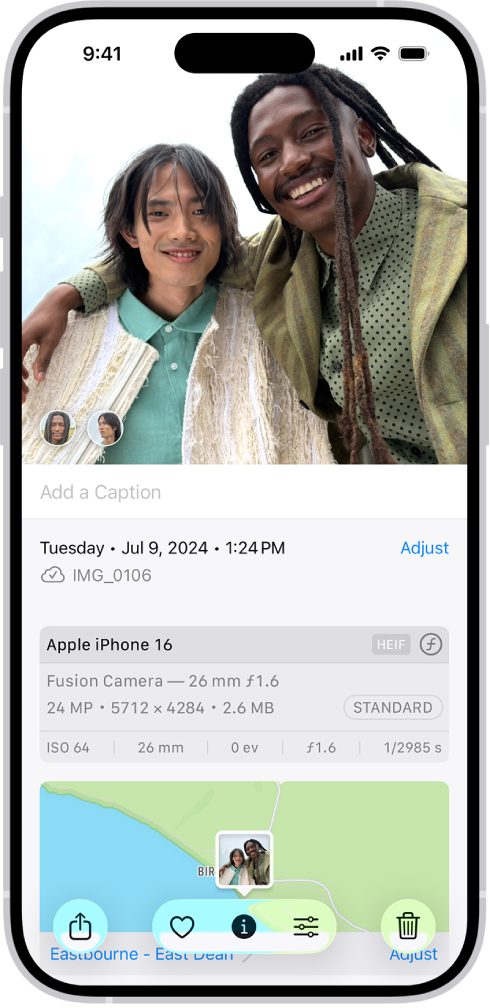 A photo is open in the Photos app. The bottom half of the screen shows photo information including, from top to bottom, the date and time, the filename, the iPhone model and camera settings, and a map of the location where the photo was taken.