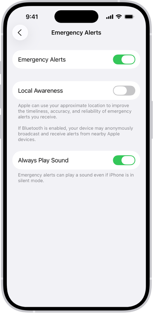 The Emergency Alerts screen, with Emergency Alerts, Local Awareness, and Always Play Sound turned on.