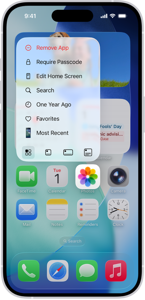 A screen showing changing an app icon into a widget on the Home Screen. You can touch and hold the app icon to open a list of options, and then tap small icons that represent widget sizes you can choose for the new widget.