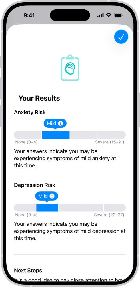A screen in the Health app showing results of a mental health questionnaire.