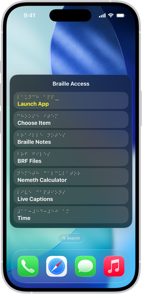 An iPhone with the Braille Access menu open, showing the following options: Launch App, Choose Item, Braille Notes, BRF Files, Nemeth Calculator, Live Captions, and Time.