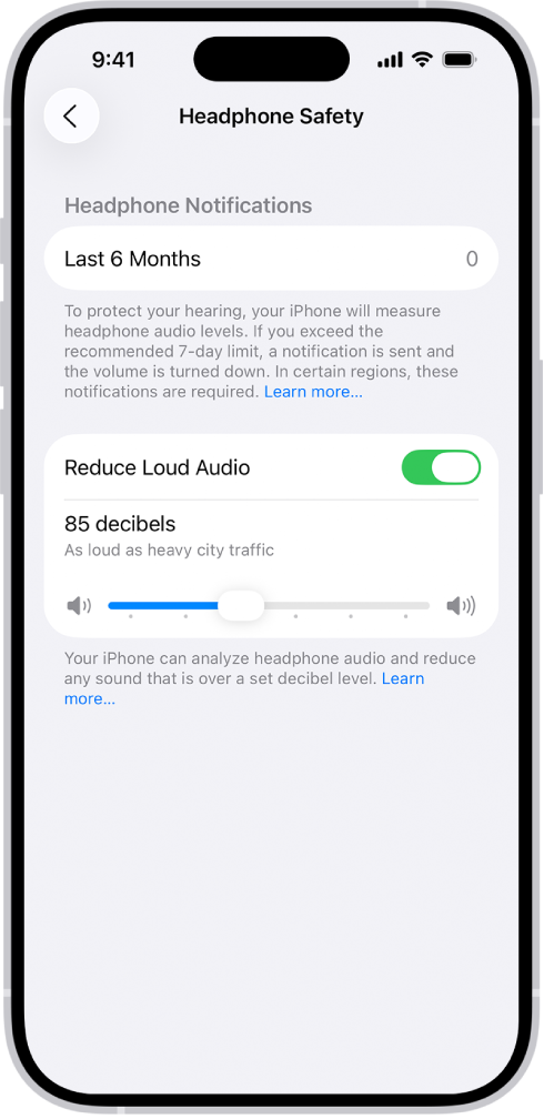 The Headphone Safety screen, showing the number of headphone notifications sent in the last 6 months, the Reduce Loud Audio option, a slider for changing the maximum decibel level, and the selected decibel limit of 85 decibels.