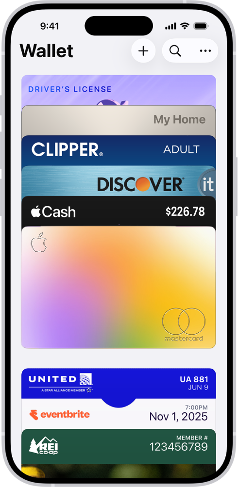 The Wallet screen, showing multiple cards and passes.