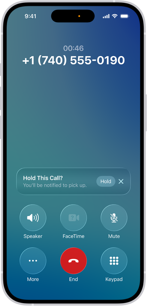An ongoing call screen showing a banner that asks if the caller would like to use Hold Assist to receive a notification when they’re no longer on hold.