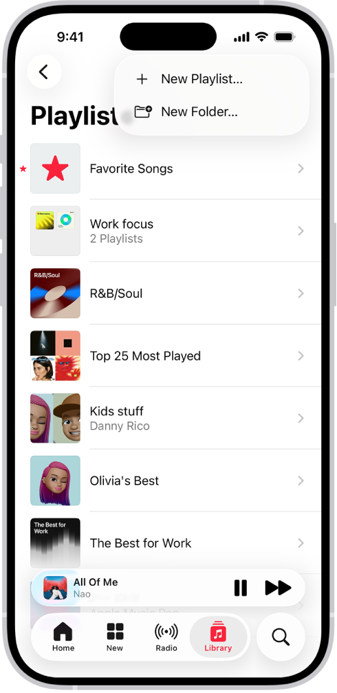 The Library tab showing the list of playlists. At the top are buttons to create a new playlist or create a new folder.