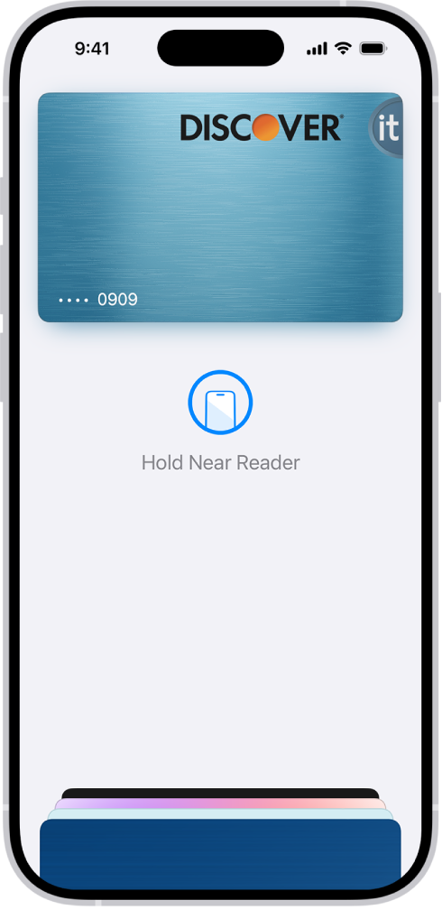 A credit card on the Wallet screen. Below the card is “Hold Near Reader.”