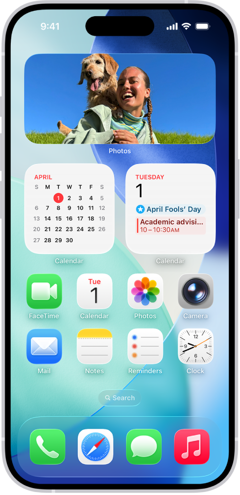 Weather, Reminders, and Home widgets on the iPhone Home Screen. The Reminders and Home widgets display interactive features.