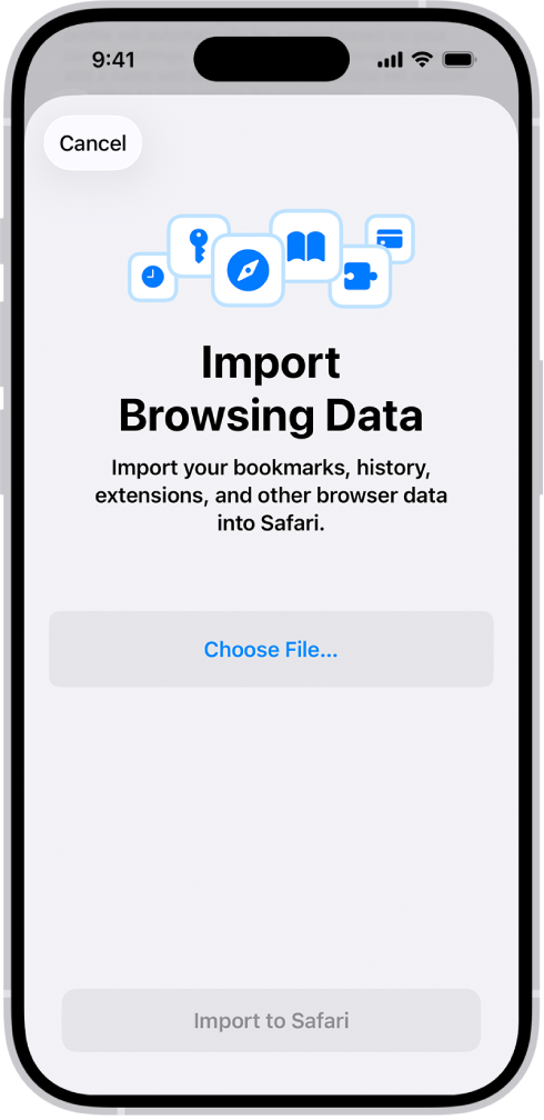 The Import Browsing Data screen, prompting you to choose a file to import.