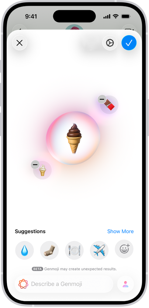 The Genmoji window showing a created Genmoji of an ice cream cone.