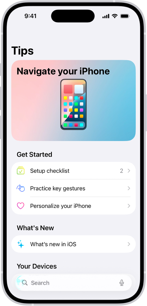 A screen showing a collection of tips with arrows indicating that you can tap a collection to view the tips in it.