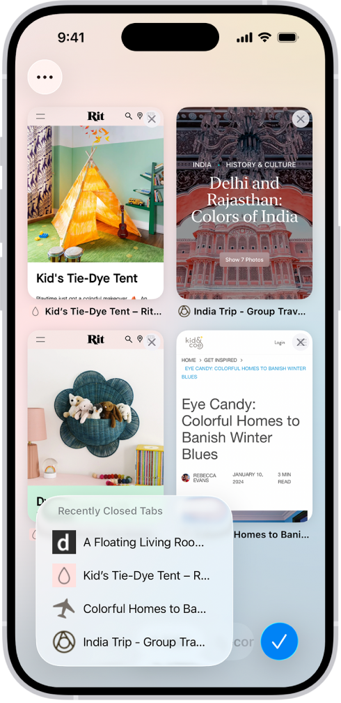 Previews of open tabs are visible on the screen. At the bottom left of the screen, the New Tab button is selected, revealing a list of recently closed tabs.