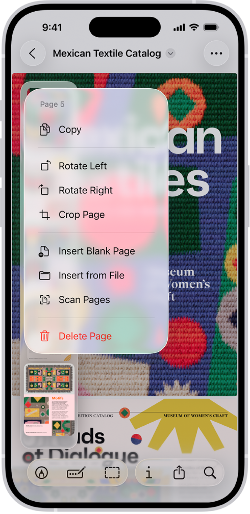 A PDF catalog with thumbnails on the left. The last thumbnail is highlighted, and above it is a menu with Copy, Rotate Left, Rotate Right, Crop Page, Insert Blank Page, Insert from File, Scan Pages, and Delete Page options.