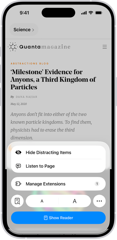 A website is open in Safari, with the address field showing that Reader is available for the website.
