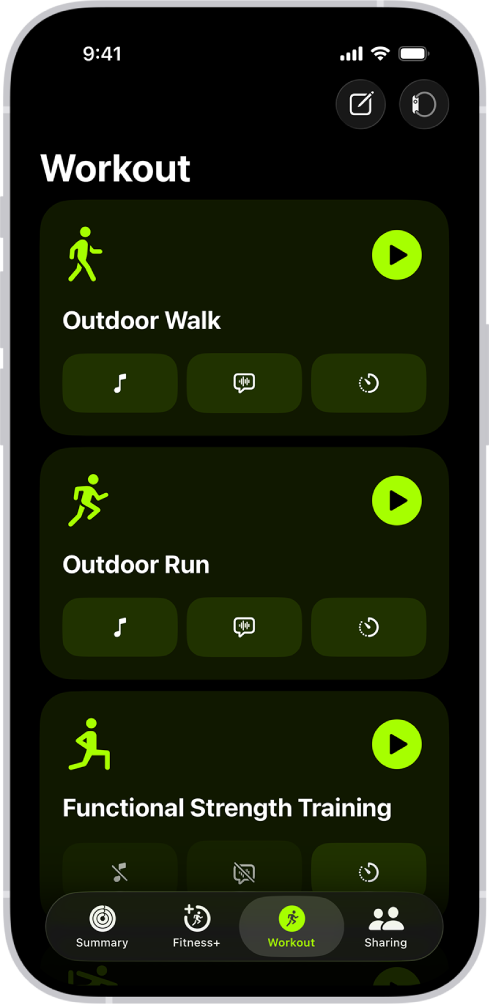 The Fitness workout screen showing three workout types. Buttons to log a workout and connect a heart rate monitor are at the top of the screen.