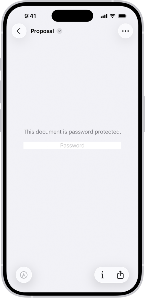 A locked PDF form in the Preview app showing a password field. At the bottom of the screen are the Markup, Info, and Share buttons.