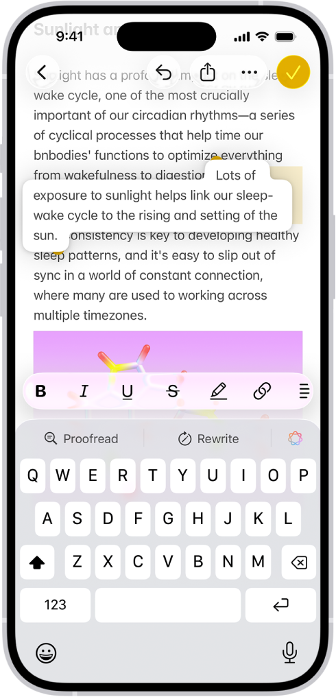 A document is open in the Notes app. The onscreen keyboard is in the bottom half of the screen. Selected text is lifted within the document to be moved to a new location.