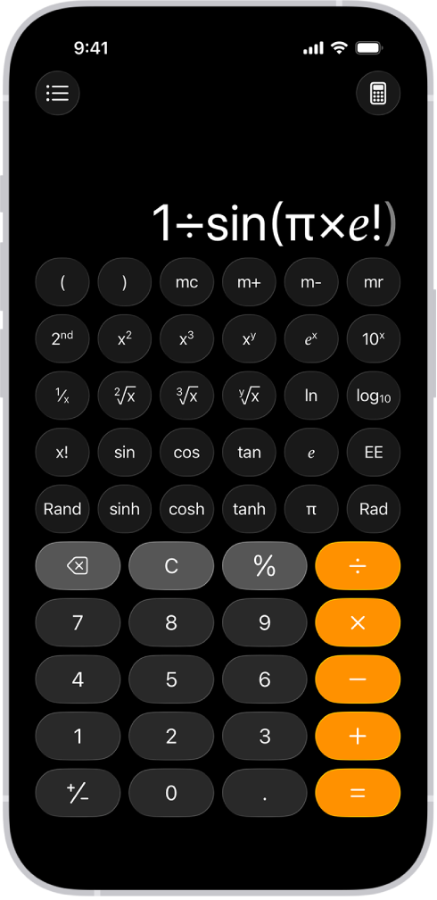 iPhone showing the scientific calculator with exponential, logarithmic, and trigonometric functions.