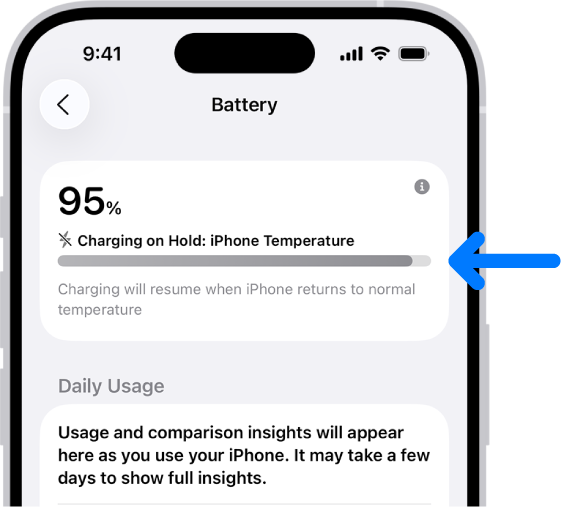 The charging information card in iPhone Battery settings. The card shows the battery at 95% with the message "Charging on Hold: iPhone Temperature." A note below indicates that charging will resume when the iPhone temperature returns to normal.