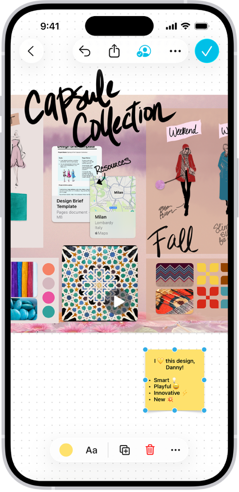An iPhone with the Freeform app open. The board includes handwriting, text, drawings, shapes, photos, videos, sticky notes, links, and other files.