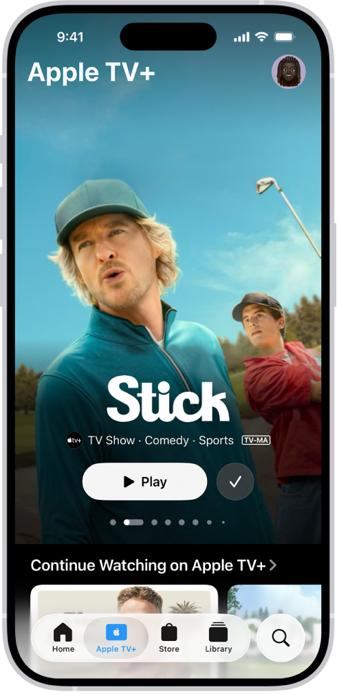 The Apple TV+ tab showing a featured Apple Original with the title, Play button, and a description of the episode. At the bottom, from left to right, are the Home, Apple TV+, Store, Library, and Search tabs.