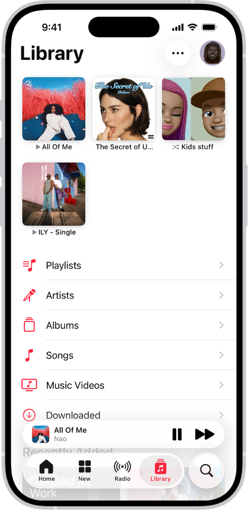The Library tab showing a list of categories including Playlists, Artists, Albums, Songs, Music Videos, and Downloaded. The Recently Added heading appears below the list. The MiniPlayer showing the title of the current song and the Pause and Next buttons appear near the bottom.