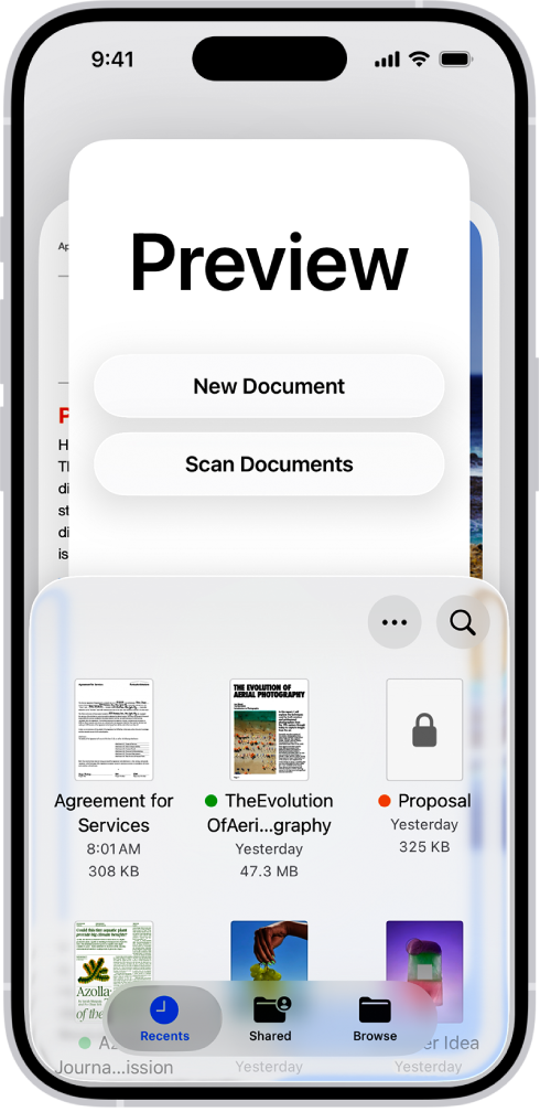 The main screen of the Preview app. The New Document and Scan Documents buttons are in the middle of the screen. At the bottom of the screen are the Recents, Shared, and Browse tabs.