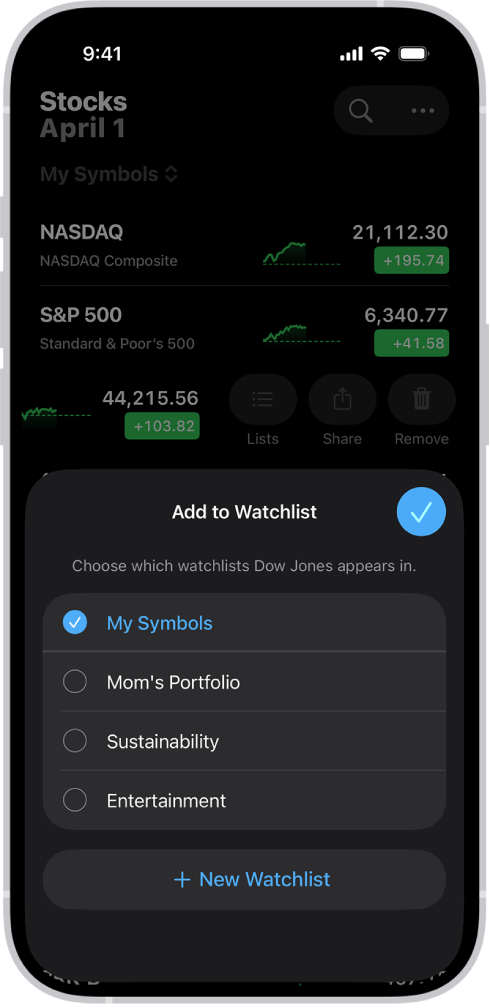 A list of customized watchlists in the Stocks app: My Symbols, Mom’s Portfolio, Sustainability, and Entertainment.
