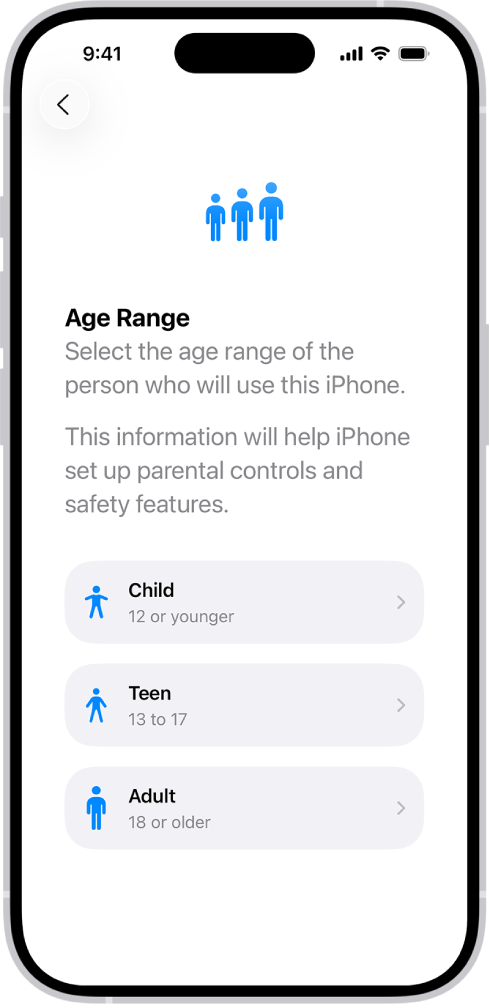 The Age Range setup screen. Three age ranges are listed: Child (12 or younger), Teen (13 to 17), and Adult (18 or older).