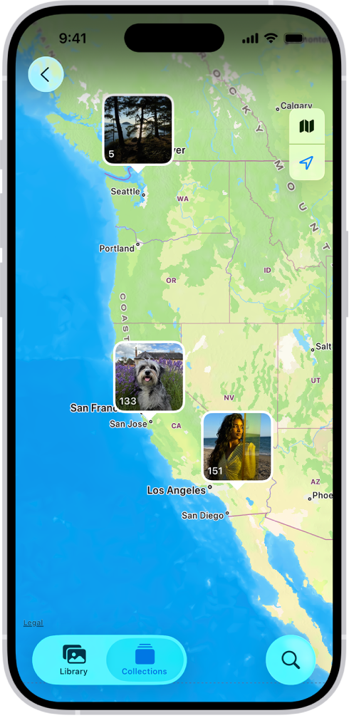 The Map view is open in the Photos app, with locations highlighted. The number of photos taken in each location is listed.